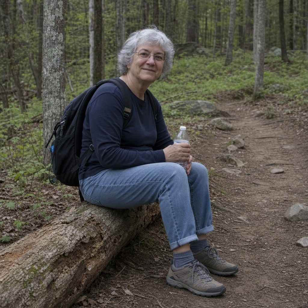 An older walker sitting on a log for a short rest with a water bottle