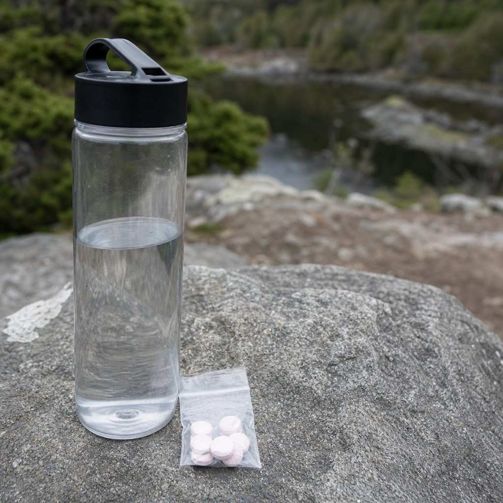 A plain water bottle and a small pack of electrolyte tablets on a rock