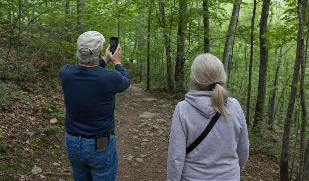 Two people from behind on an easy forest trail, one pausing to take a phone photo