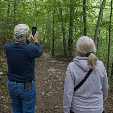 Two people from behind on an easy forest trail, one pausing to take a phone photo