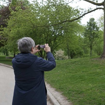 From behind, a person walking a park path pausing to photograph trees with a phone