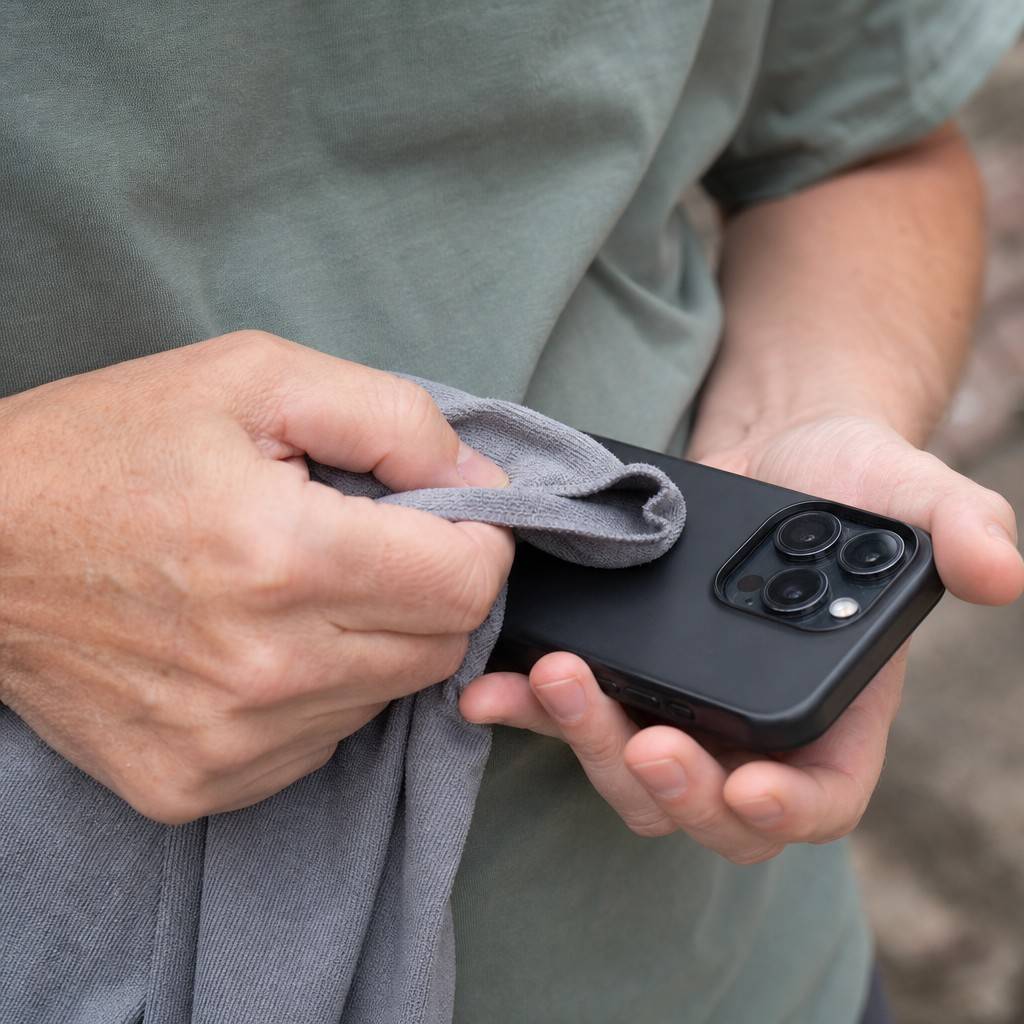 A hand wiping a phone camera lens with a shirt corner outdoors