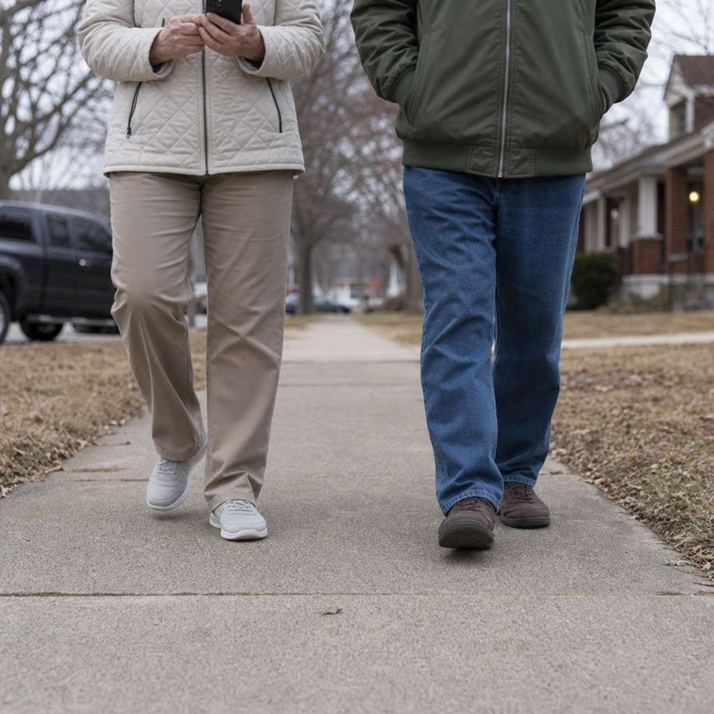 Lower-frame view of ordinary walking shoes on a sidewalk mid-stride