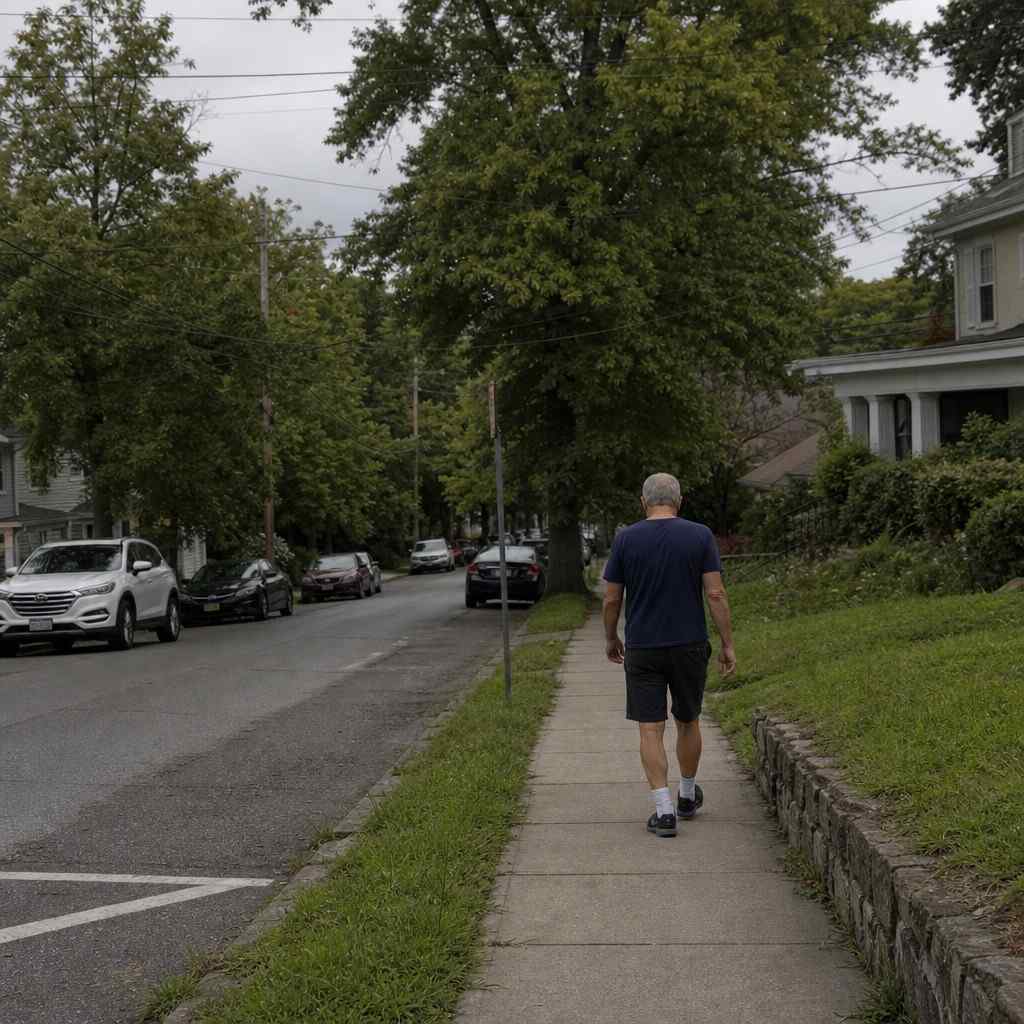 A quiet ordinary neighbourhood street with trees, inviting an easy walk
