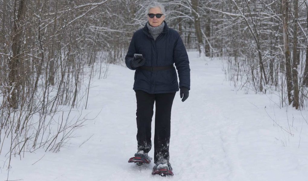 Front wide view of a beginner snowshoeing slowly along a flat snowy trail in winter layers