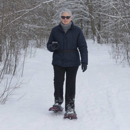 Front wide view of a beginner snowshoeing slowly along a flat snowy trail in winter layers