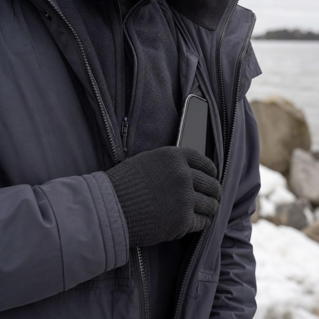A gloved hand sheltering a phone inside a jacket against the cold